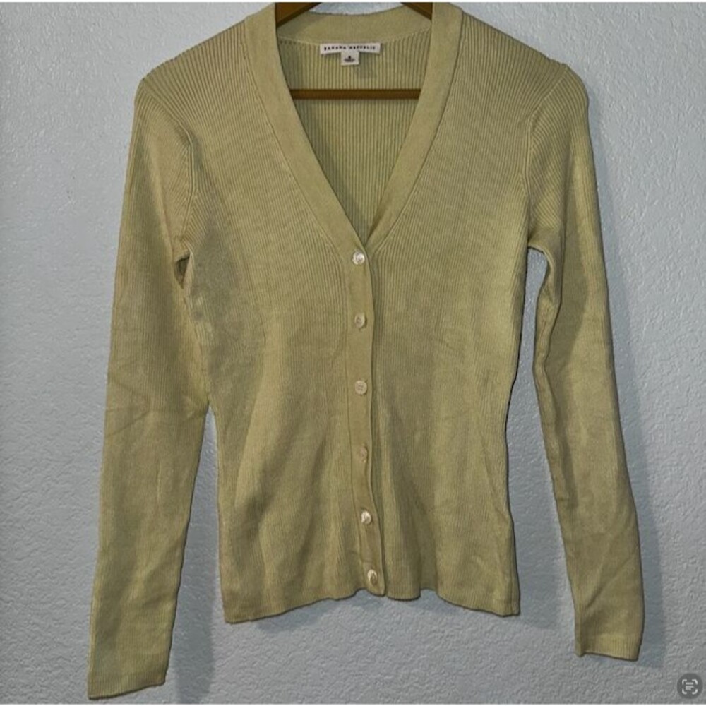 VTG Banana Republic Silk Blend Ribbed V-Neck Cardigan S Pistachio Green Y2K